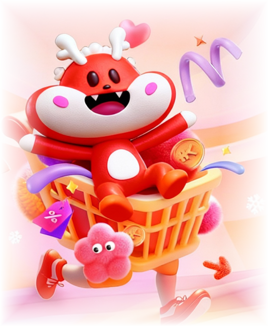 Vigo, the VigorBuy mascot, riding a shopping cart full of finds